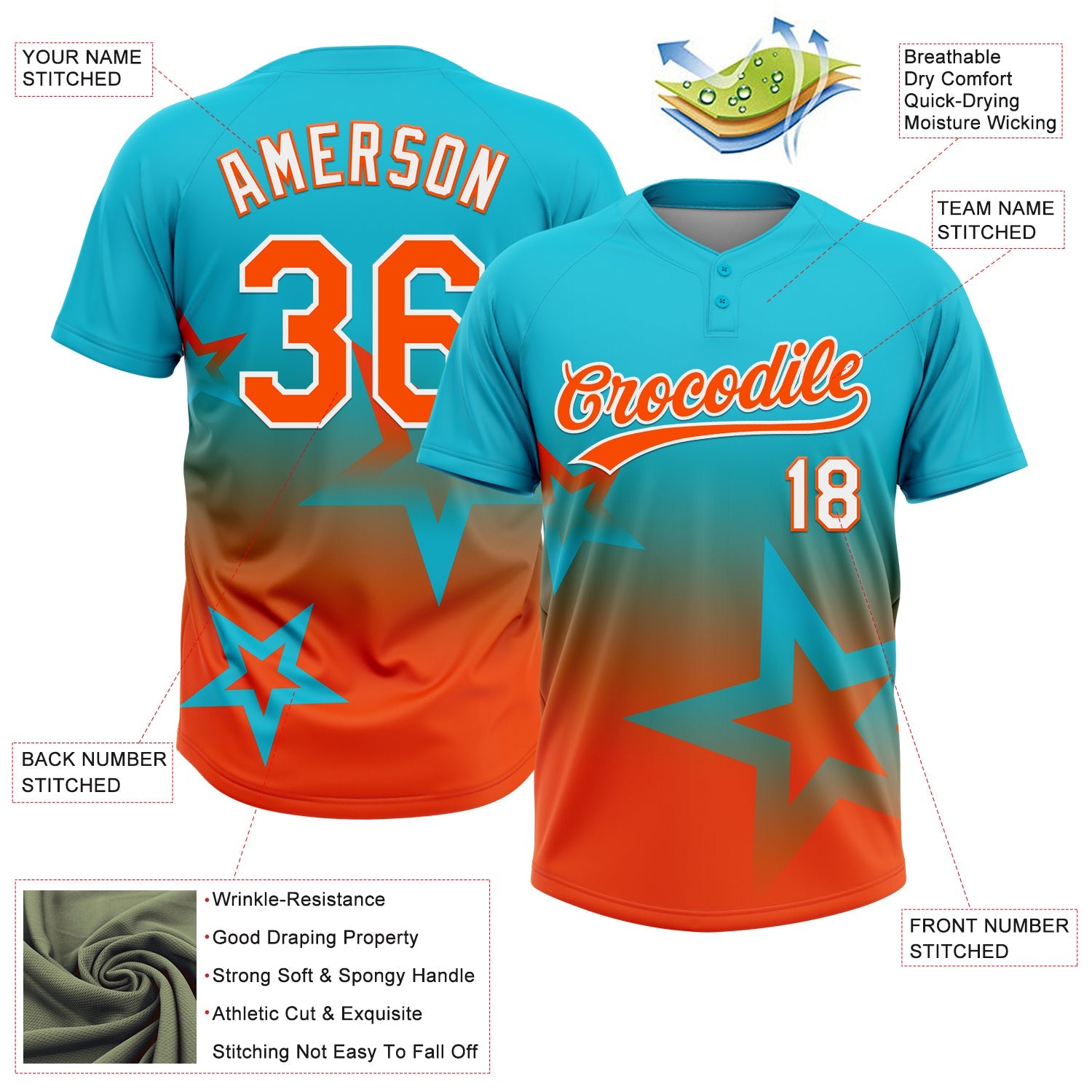Custom Lakes Blue Orange-White Gradient Style Twinkle Star Two-Button Unisex Softball Jersey
