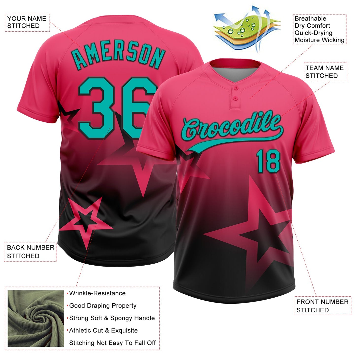 Custom Neon Pink Aqua-White Gradient Style Twinkle Star Two-Button Unisex Softball Jersey