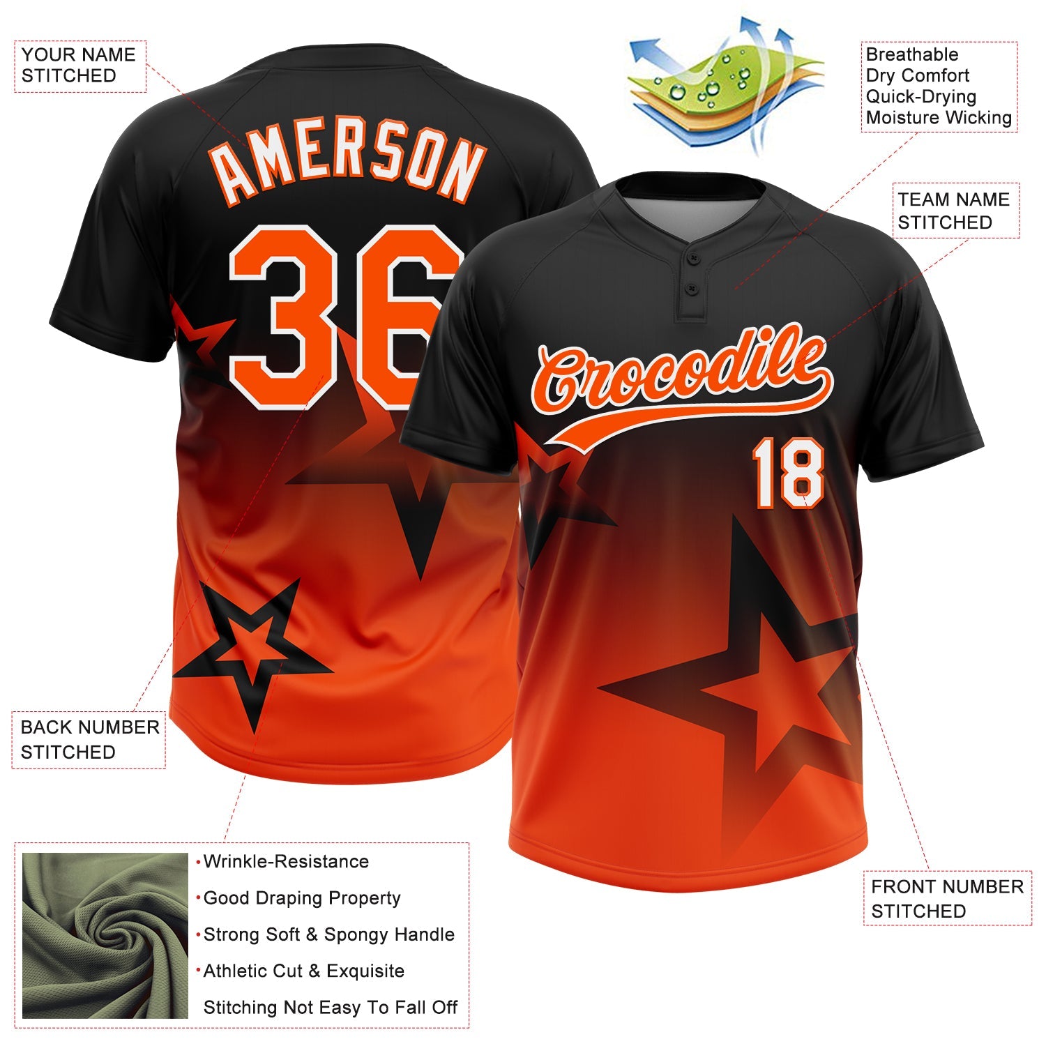 Custom Black Orange-White Gradient Style Twinkle Star Two-Button Unisex Softball Jersey
