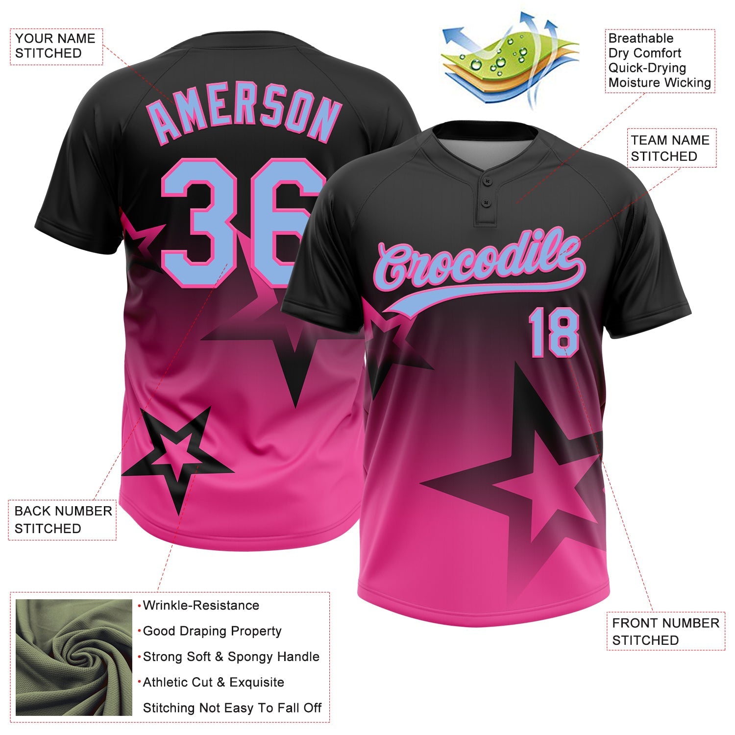 Custom Black Light Blue-Pink Gradient Style Twinkle Star Two-Button Unisex Softball Jersey