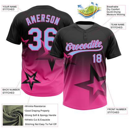 Custom Black Light Blue-Pink Gradient Style Twinkle Star Two-Button Unisex Softball Jersey