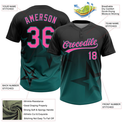 Custom Black Pink-Teal Gradient Style Twinkle Star Two-Button Unisex Softball Jersey