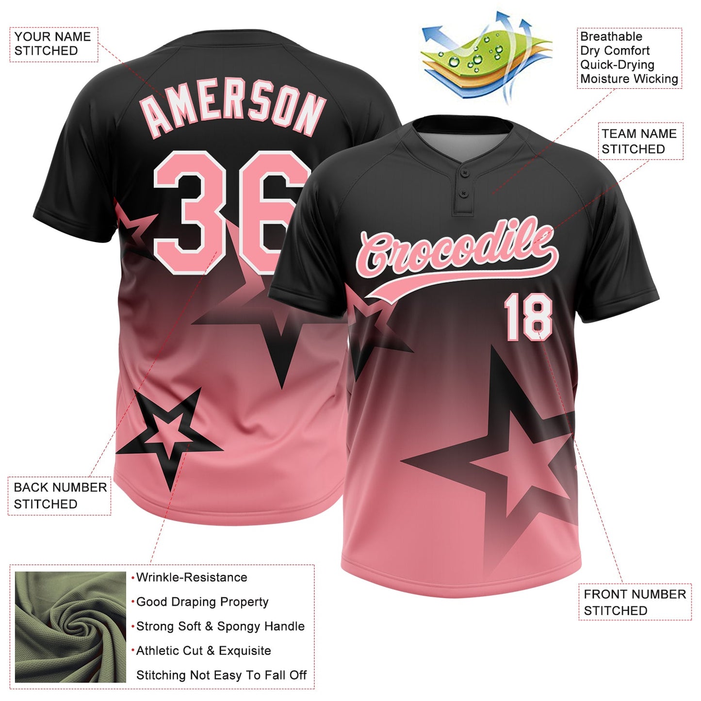 Custom Black Medium Pink-White Gradient Style Twinkle Star Two-Button Unisex Softball Jersey
