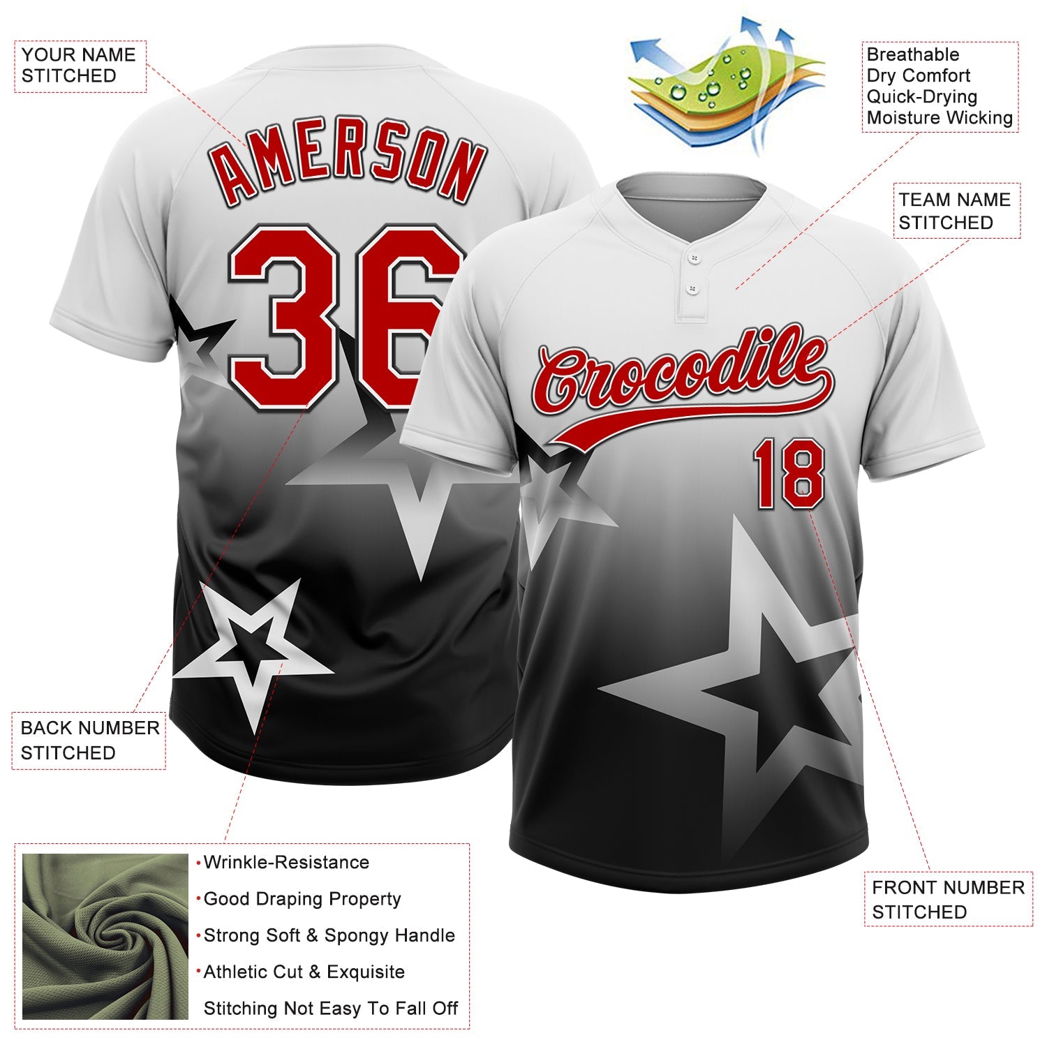 Custom White Red-Black Gradient Style Twinkle Star Two-Button Unisex Softball Jersey