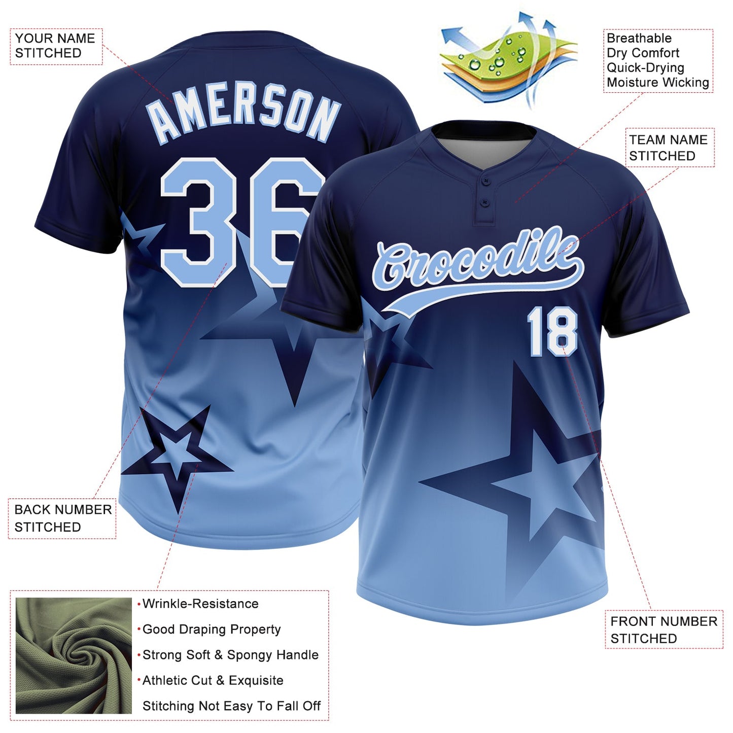 Custom Navy Light Blue-White Gradient Style Twinkle Star Two-Button Unisex Softball Jersey