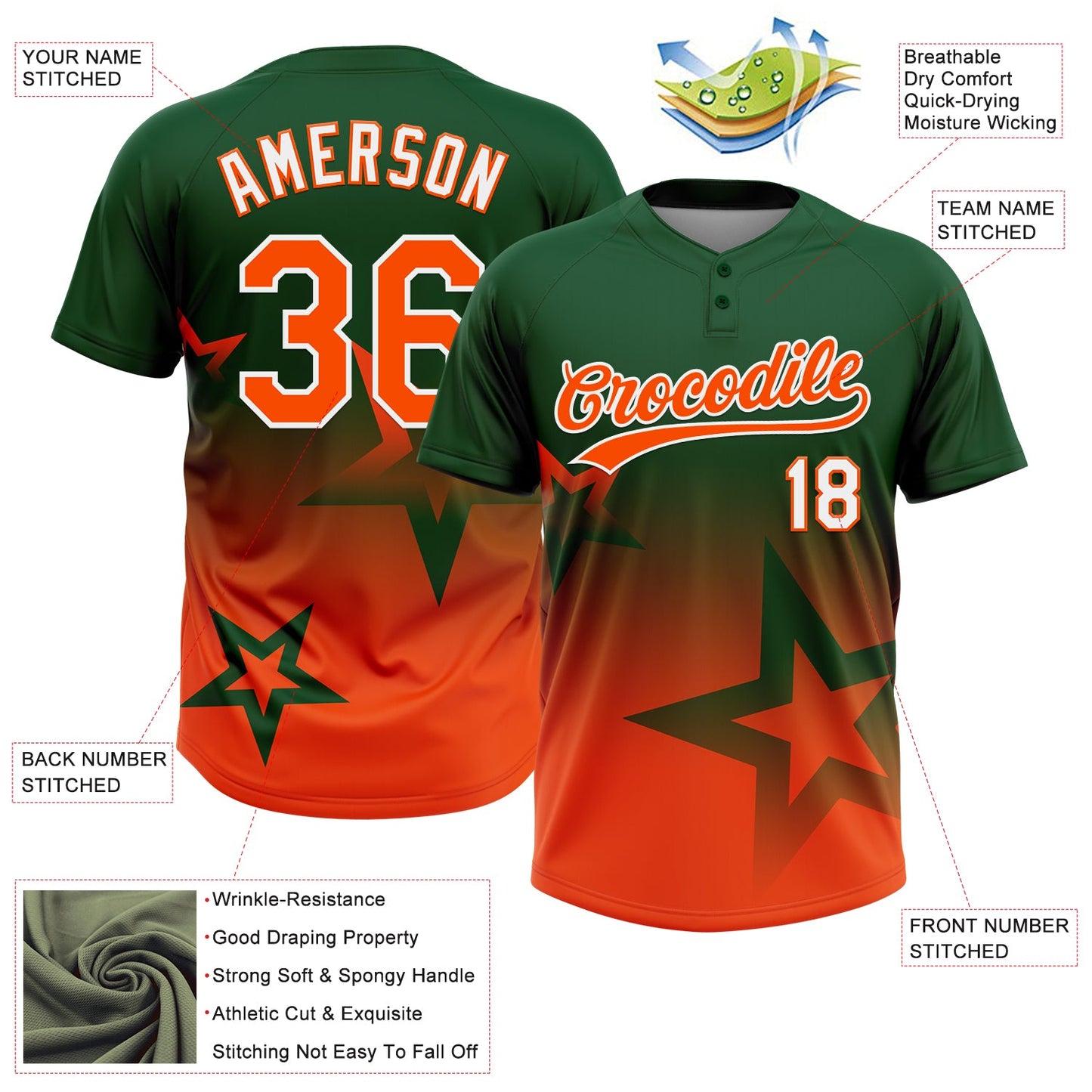 Custom Green Orange-White Gradient Style Twinkle Star Two-Button Unisex Softball Jersey