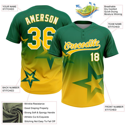 Custom Kelly Green Yellow-White Gradient Style Twinkle Star Two-Button Unisex Softball Jersey