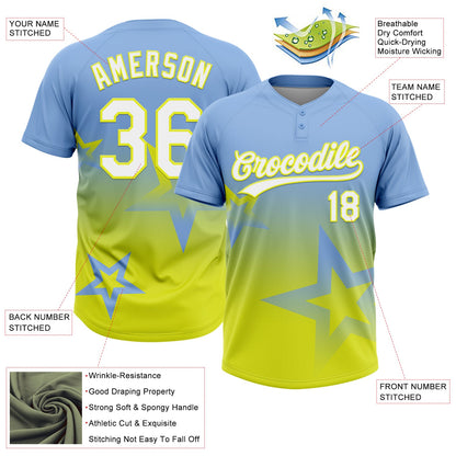 Custom Light Blue White-Neon Yellow Gradient Style Twinkle Star Two-Button Unisex Softball Jersey