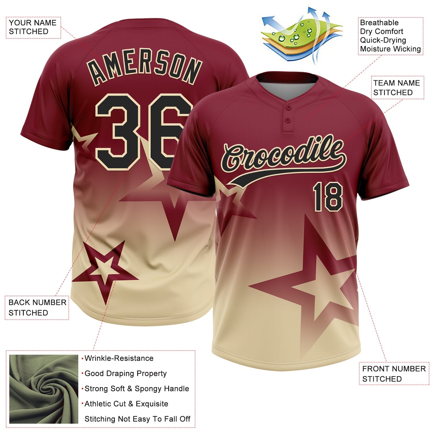 Custom Crimson Black-Cream Gradient Style Twinkle Star Two-Button Unisex Softball Jersey