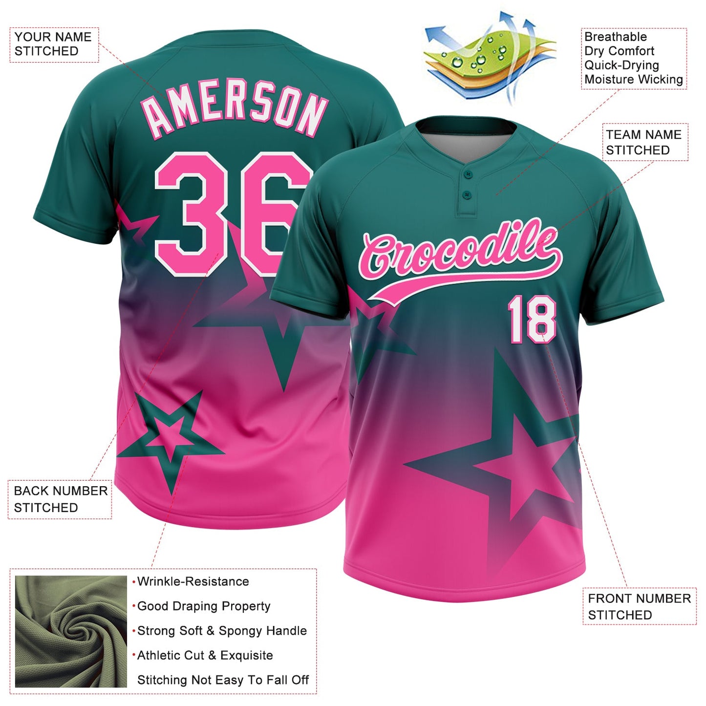 Custom Teal Pink-White Gradient Style Twinkle Star Two-Button Unisex Softball Jersey