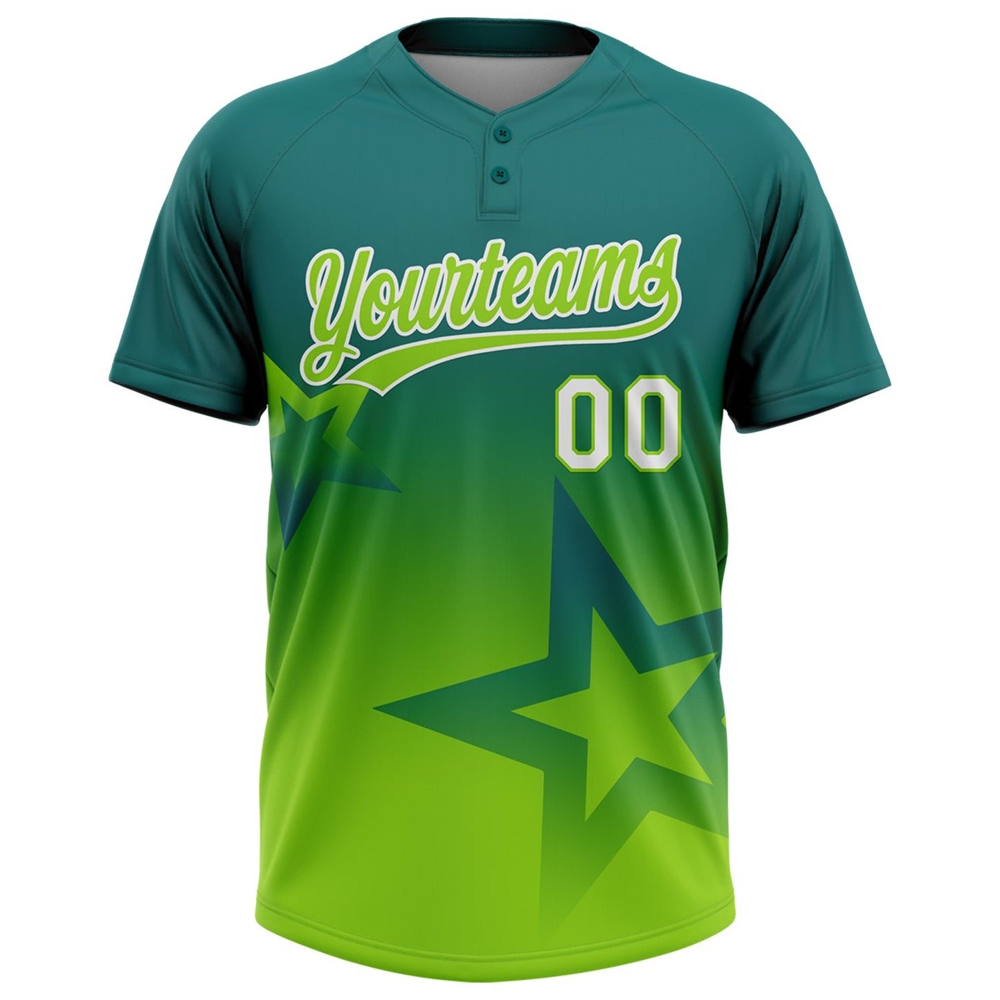 Custom Teal Neon Green-White Gradient Style Twinkle Star Two-Button Unisex Softball Jersey