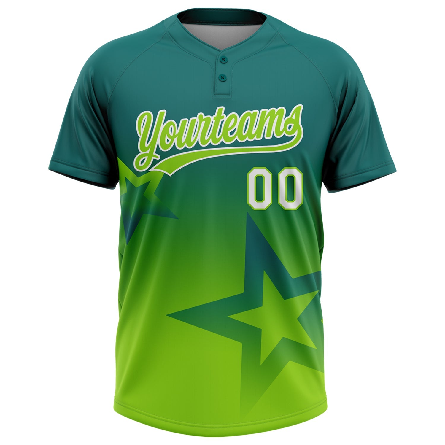 Custom Teal Neon Green-White Gradient Style Twinkle Star Two-Button Unisex Softball Jersey