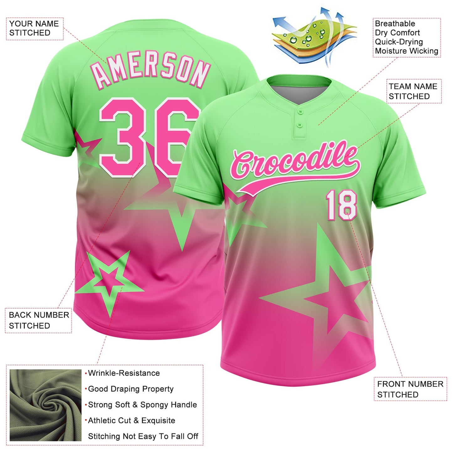 Custom Pea Green Pink-White Gradient Style Twinkle Star Two-Button Unisex Softball Jersey
