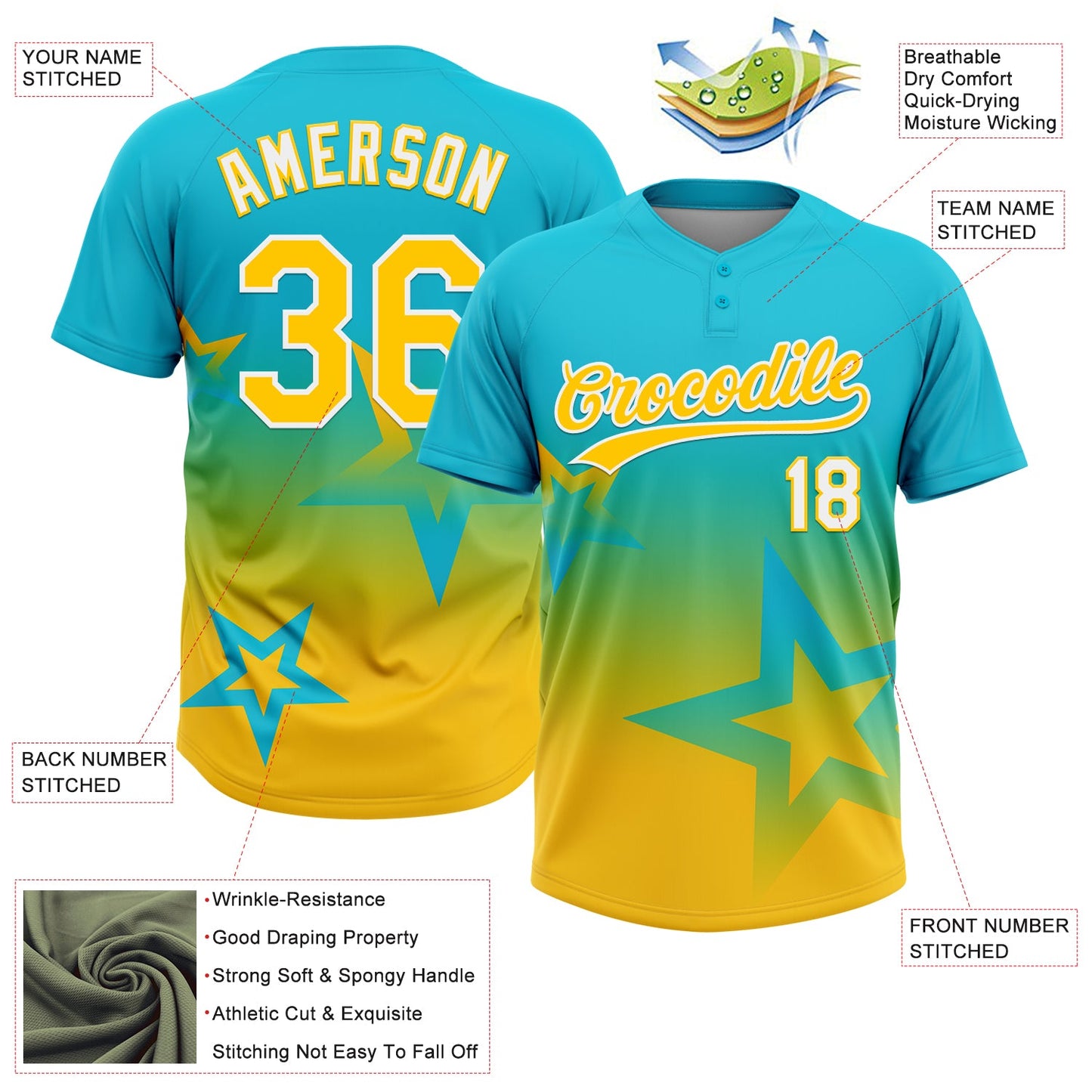 Custom Lakes Blue Yellow-White Gradient Style Twinkle Star Two-Button Unisex Softball Jersey