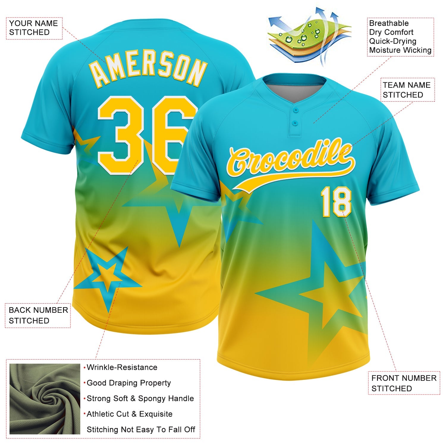 Custom Lakes Blue Yellow-White Gradient Style Twinkle Star Two-Button Unisex Softball Jersey
