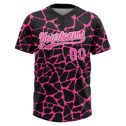 Custom Black Pink-White Abstract Network Crackle Two-Button Unisex Softball Jersey