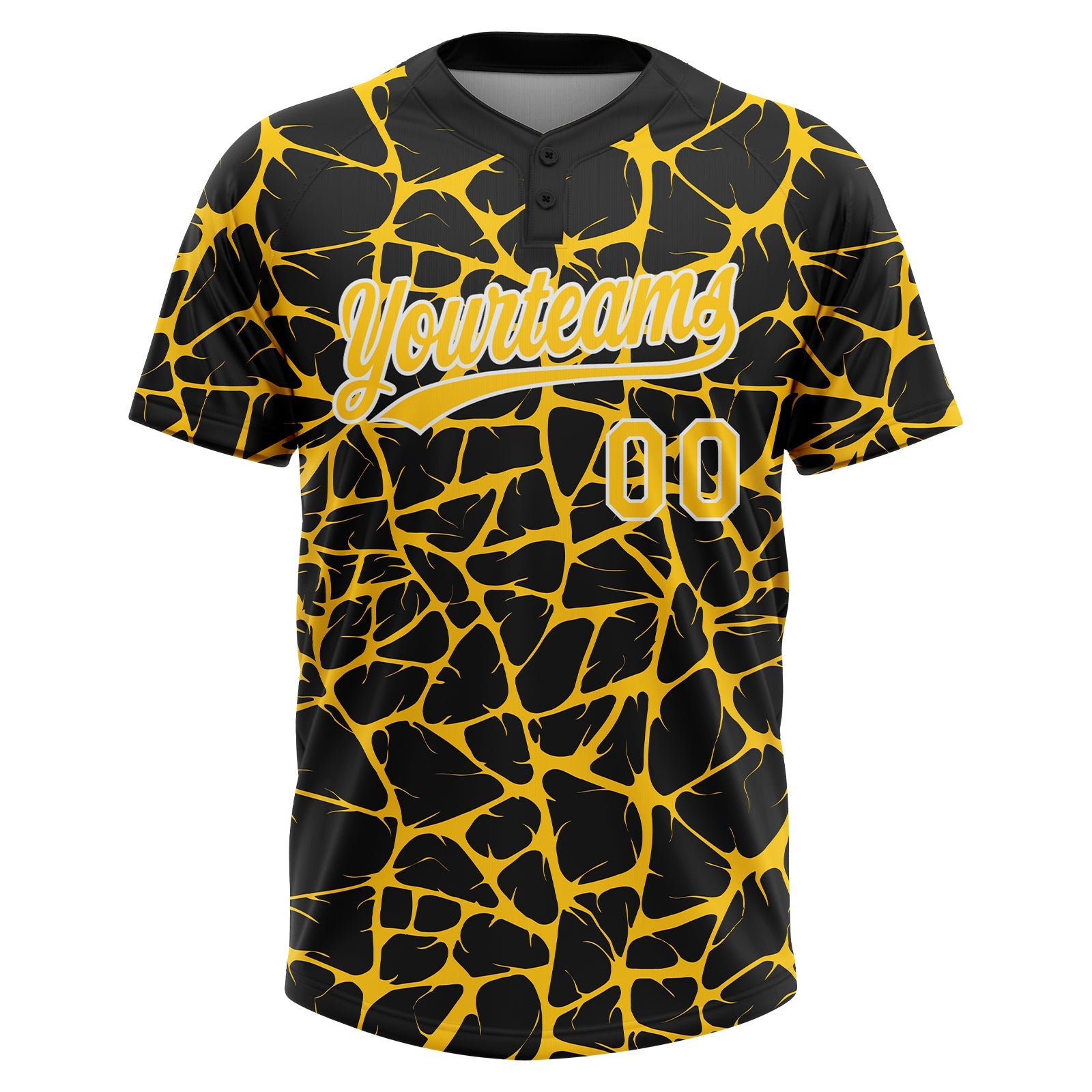 Custom Black Yellow-White Abstract Network Crackle Two-Button Unisex Softball Jersey