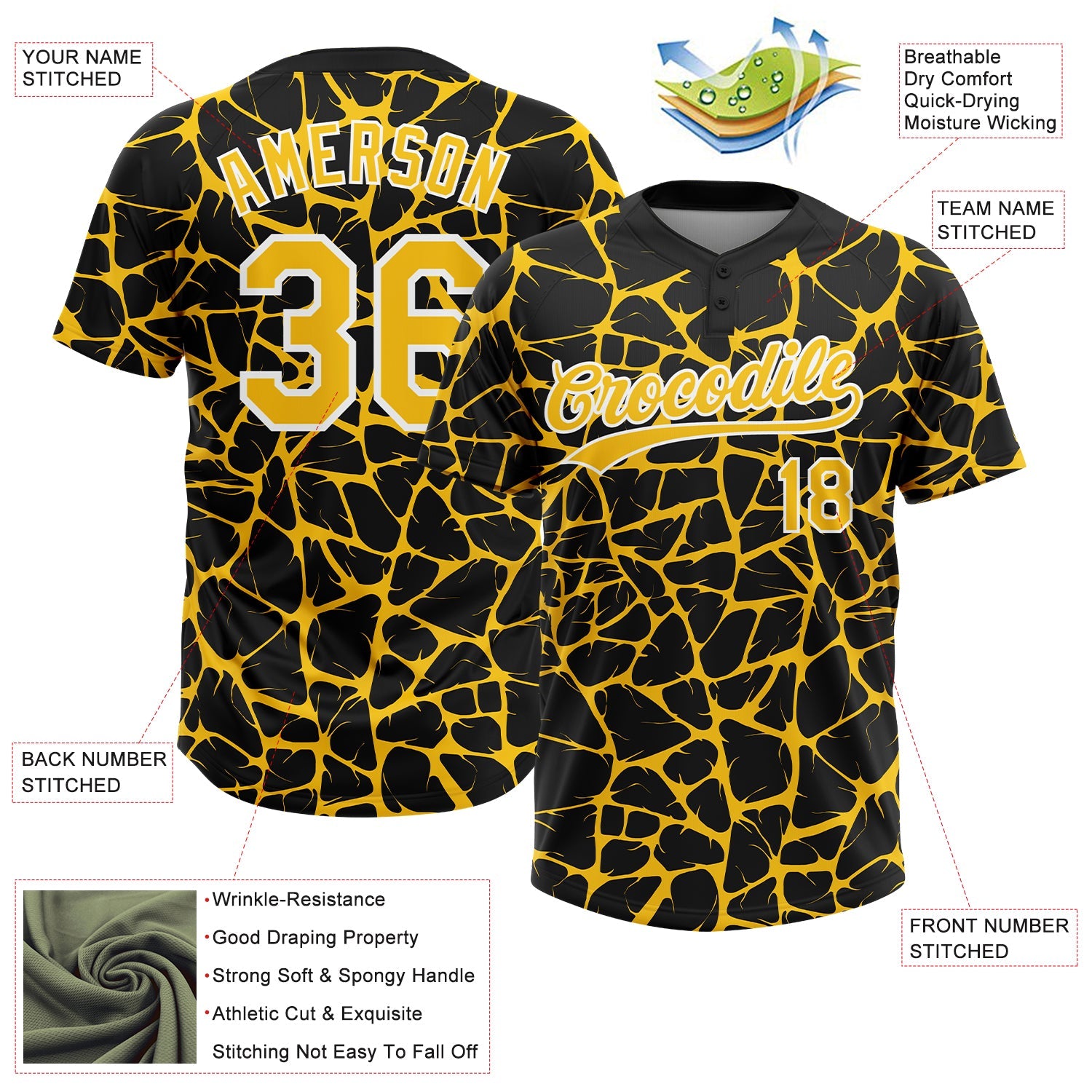 Custom Black Yellow-White Abstract Network Crackle Two-Button Unisex Softball Jersey