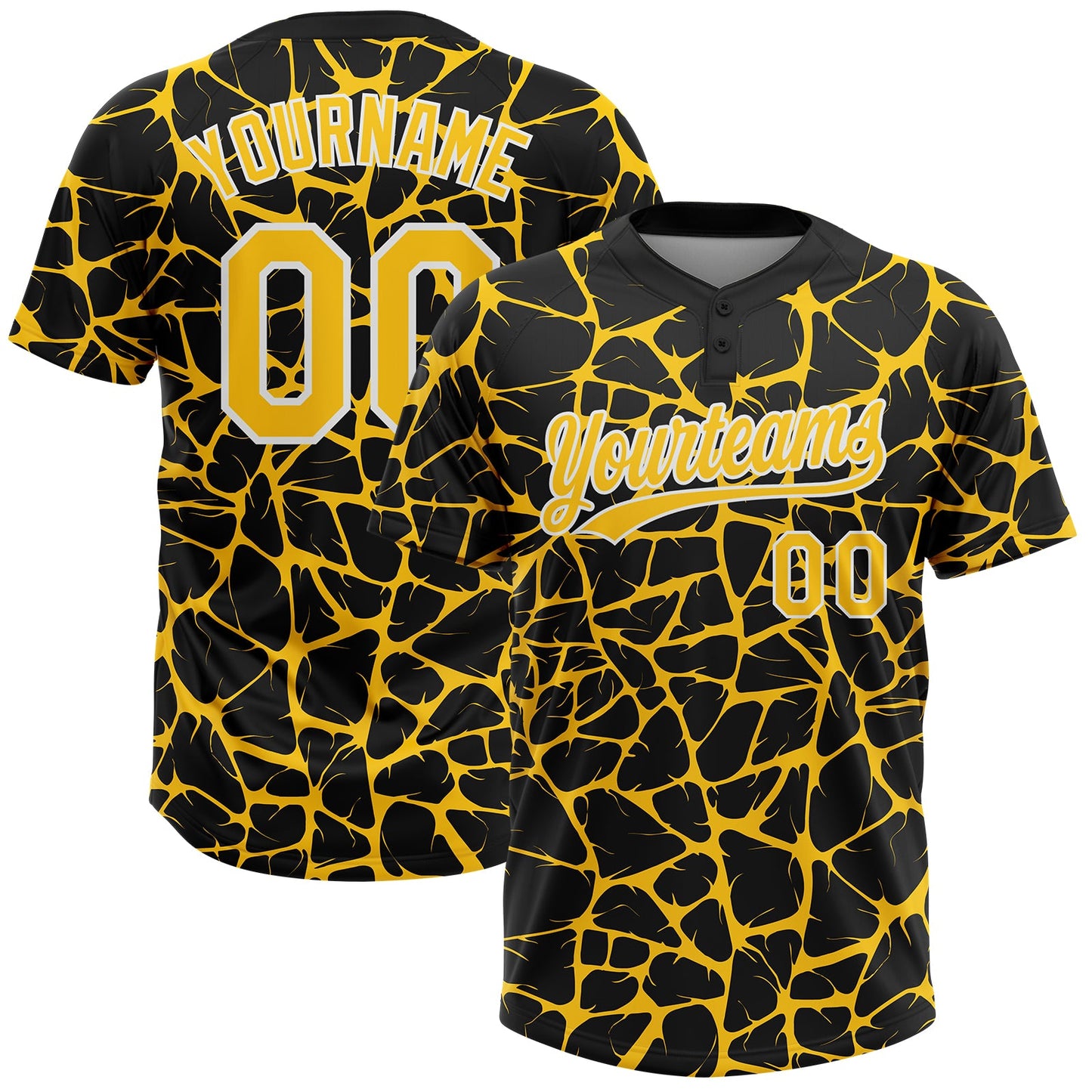 Custom Black Yellow-White Abstract Network Crackle Two-Button Unisex Softball Jersey