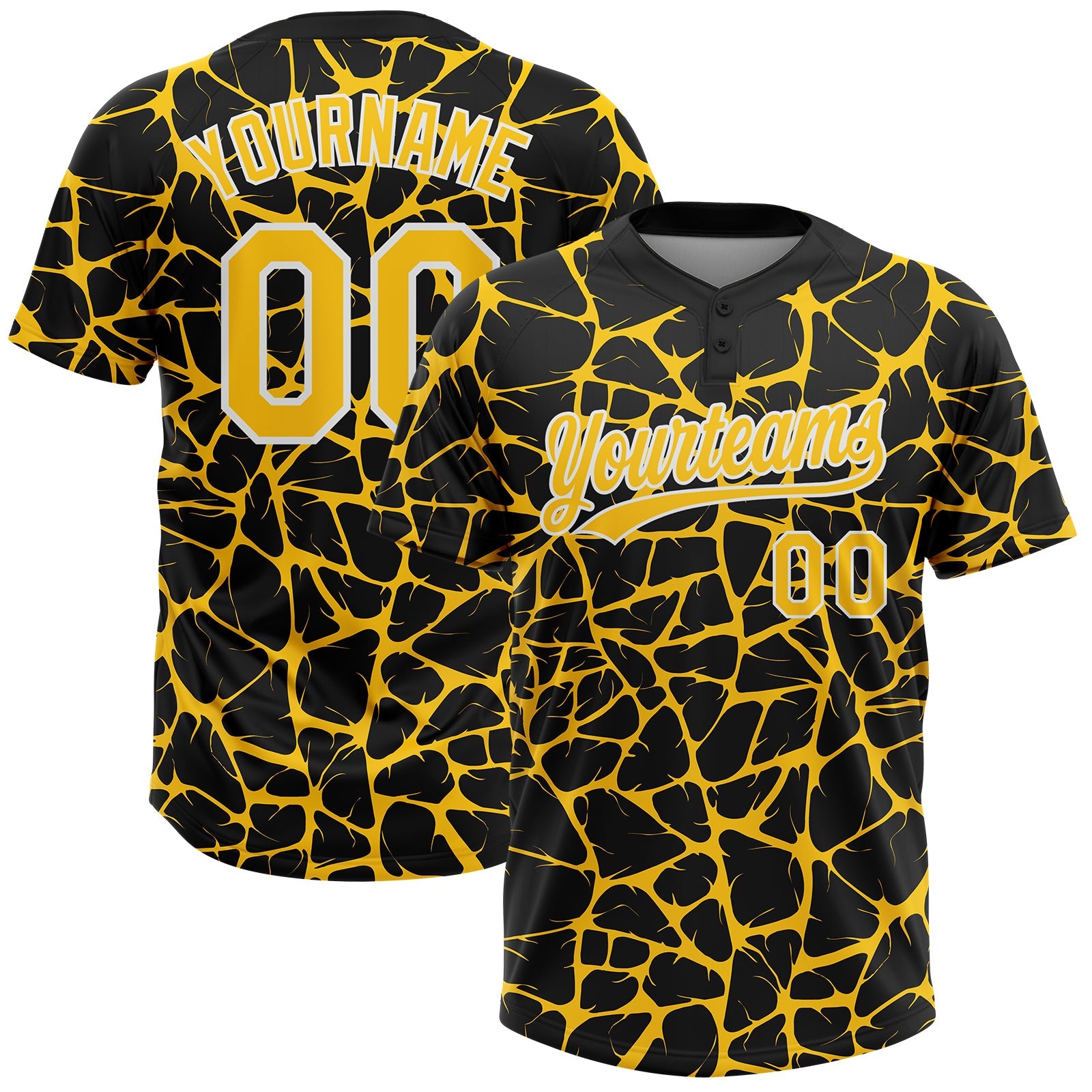 Custom Black Yellow-White Abstract Network Crackle Two-Button Unisex Softball Jersey