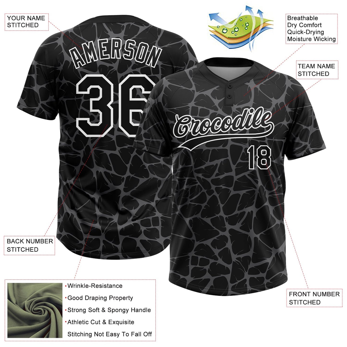 Custom Black Steel Gray-White Abstract Network Crackle Two-Button Unisex Softball Jersey