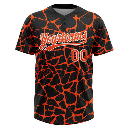 Custom Black Orange-White Abstract Network Crackle Two-Button Unisex Softball Jersey