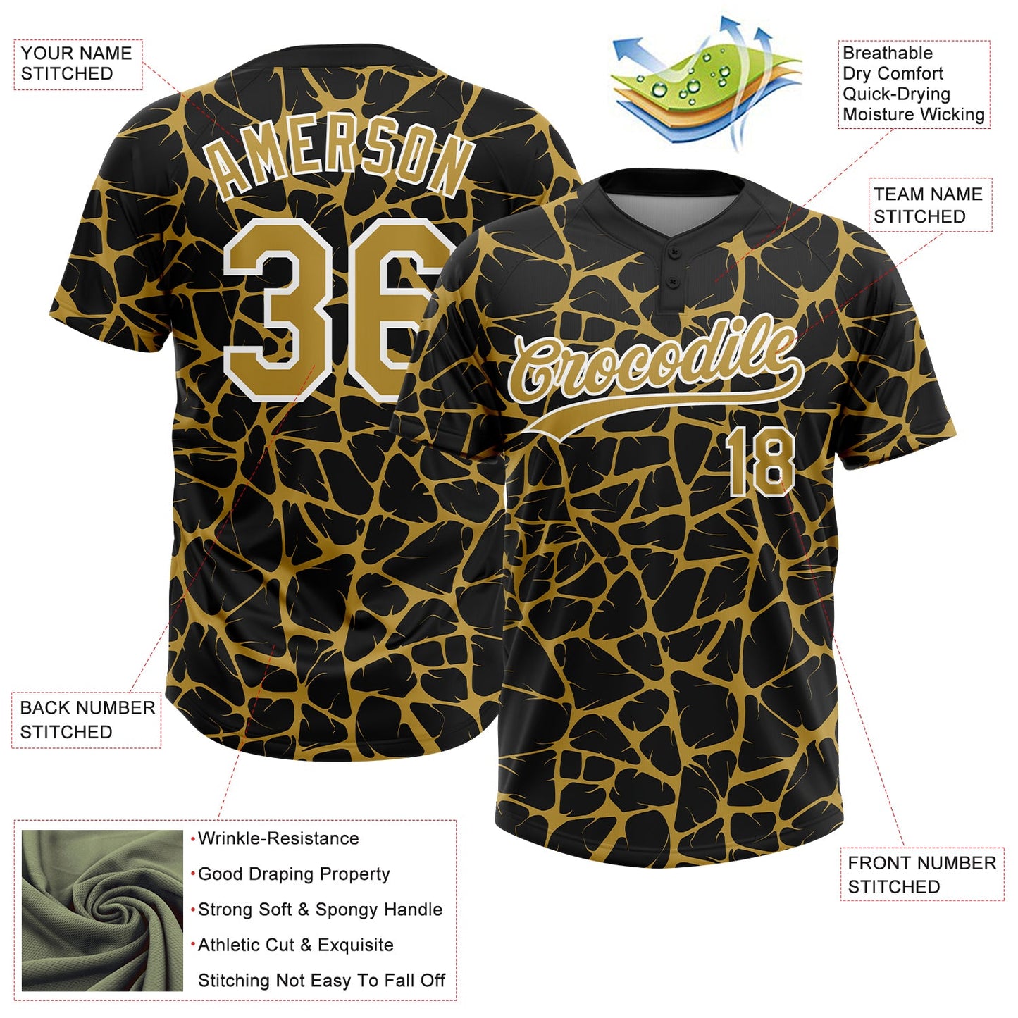 Custom Black Old Gold-White Abstract Network Crackle Two-Button Unisex Softball Jersey