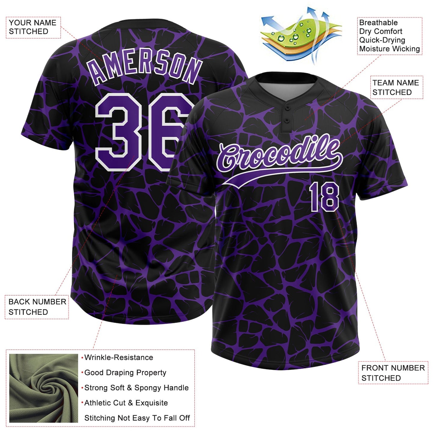 Custom Black Purple-White Abstract Network Crackle Two-Button Unisex Softball Jersey