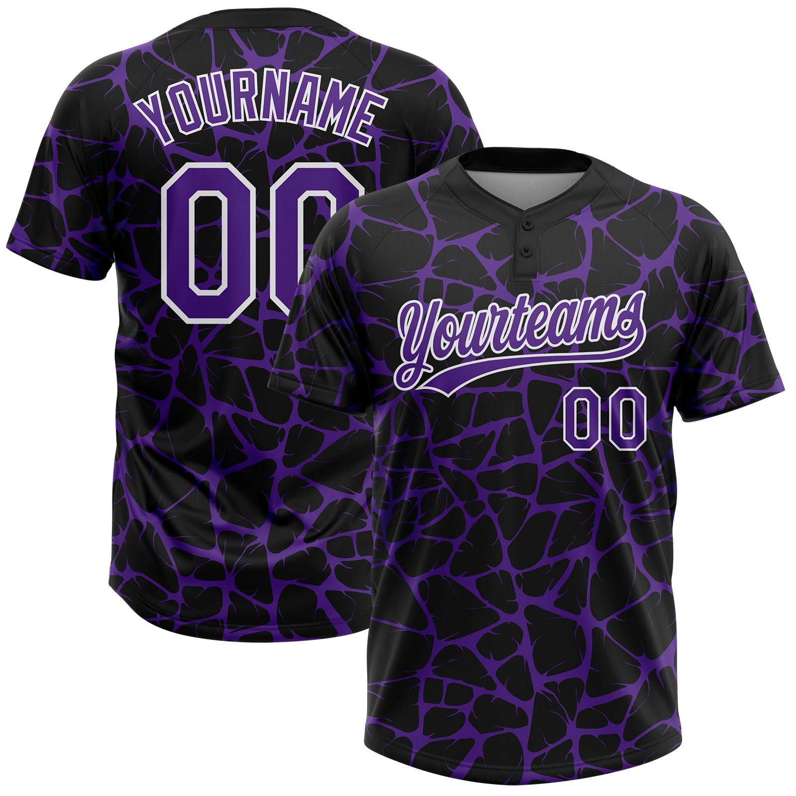 Custom Black Purple-White Abstract Network Crackle Two-Button Unisex Softball Jersey