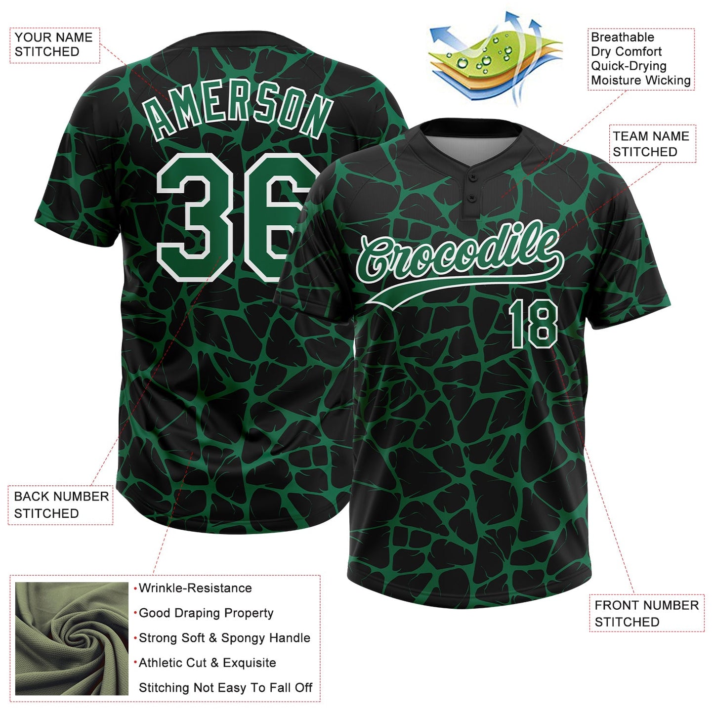 Custom Black Kelly Green-White Abstract Network Crackle Two-Button Unisex Softball Jersey