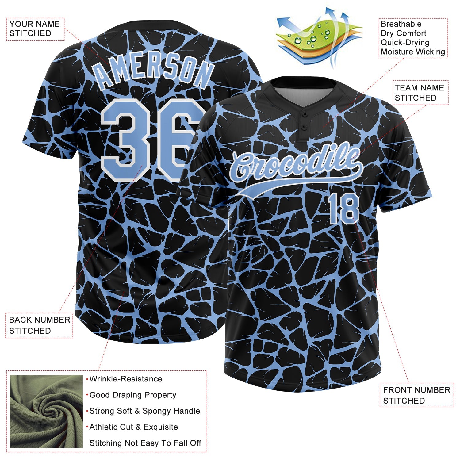 Custom Black Light Blue-White Abstract Network Crackle Two-Button Unisex Softball Jersey