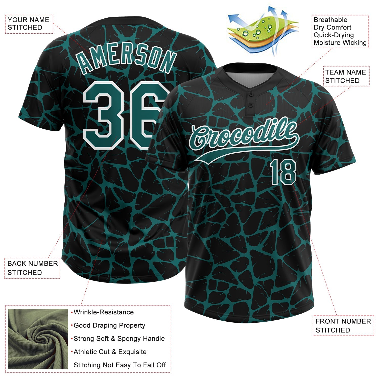 Custom Black Teal-White Abstract Network Crackle Two-Button Unisex Softball Jersey
