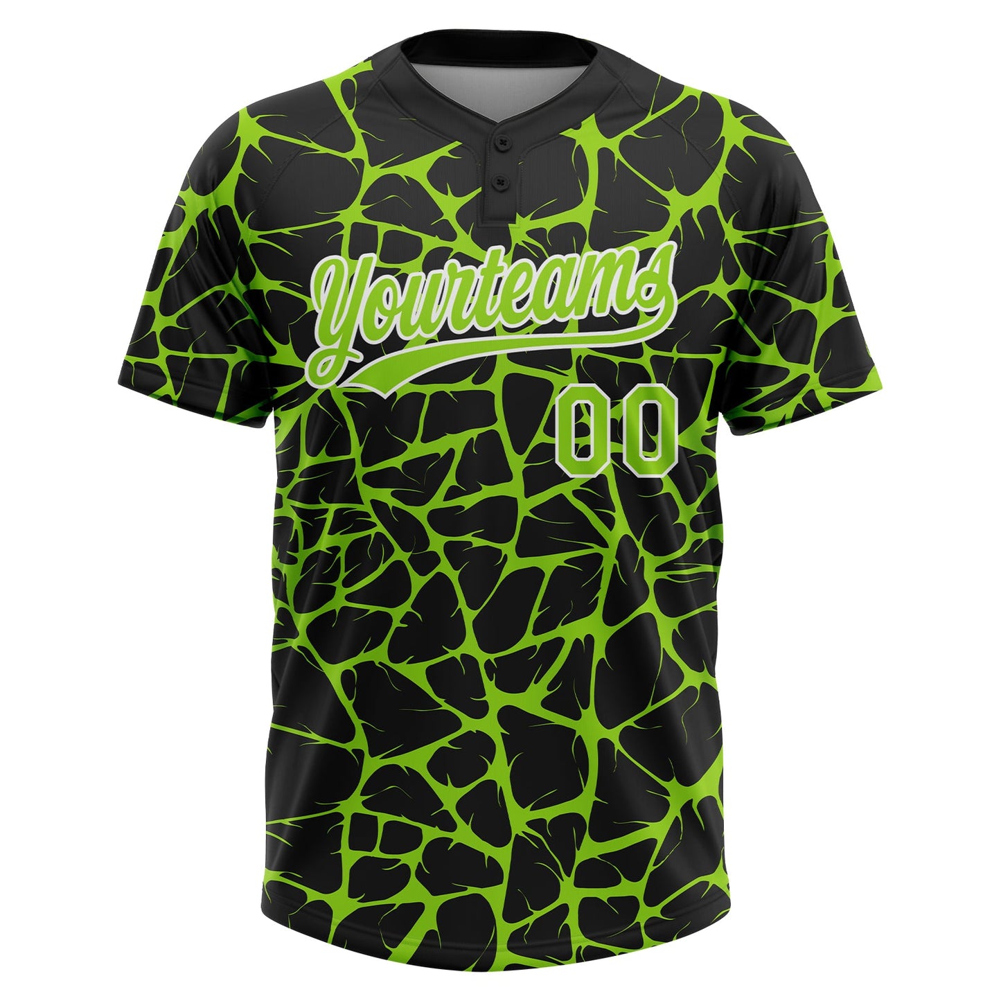Custom Black Neon Green-White Abstract Network Crackle Two-Button Unisex Softball Jersey