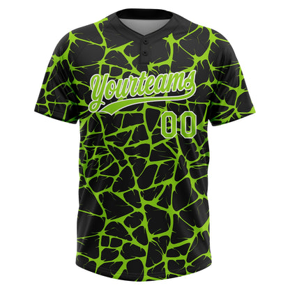 Custom Black Neon Green-White Abstract Network Crackle Two-Button Unisex Softball Jersey