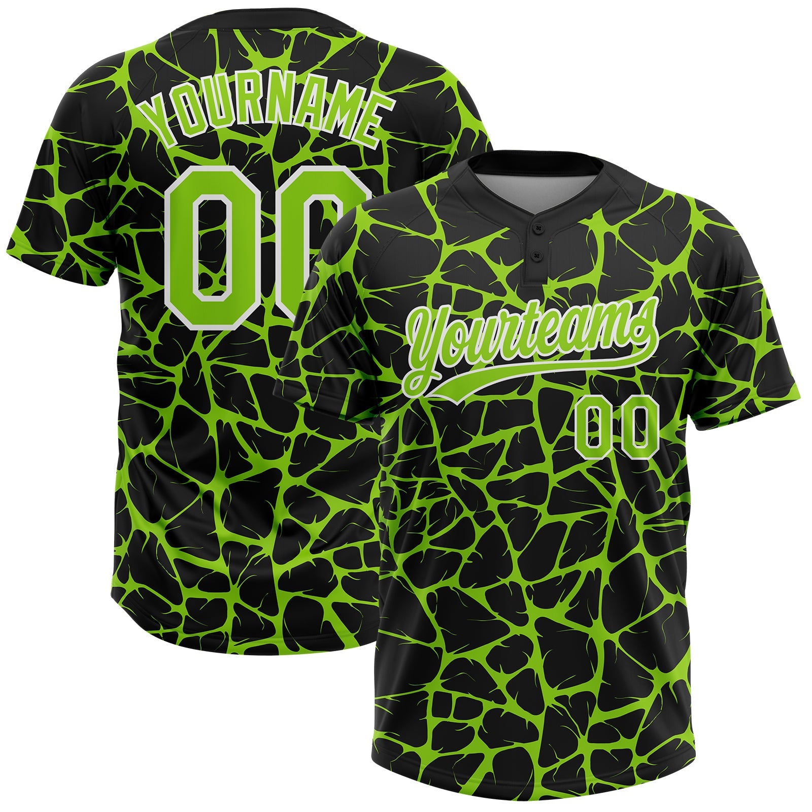 Custom Black Neon Green-White Abstract Network Crackle Two-Button Unisex Softball Jersey