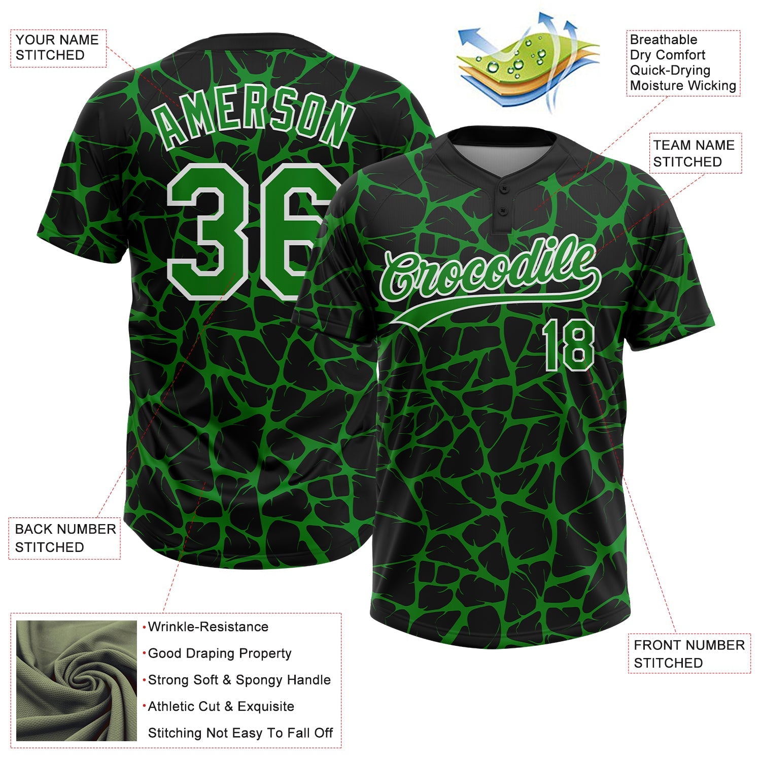 Custom Black Grass Green-White Abstract Network Crackle Two-Button Unisex Softball Jersey