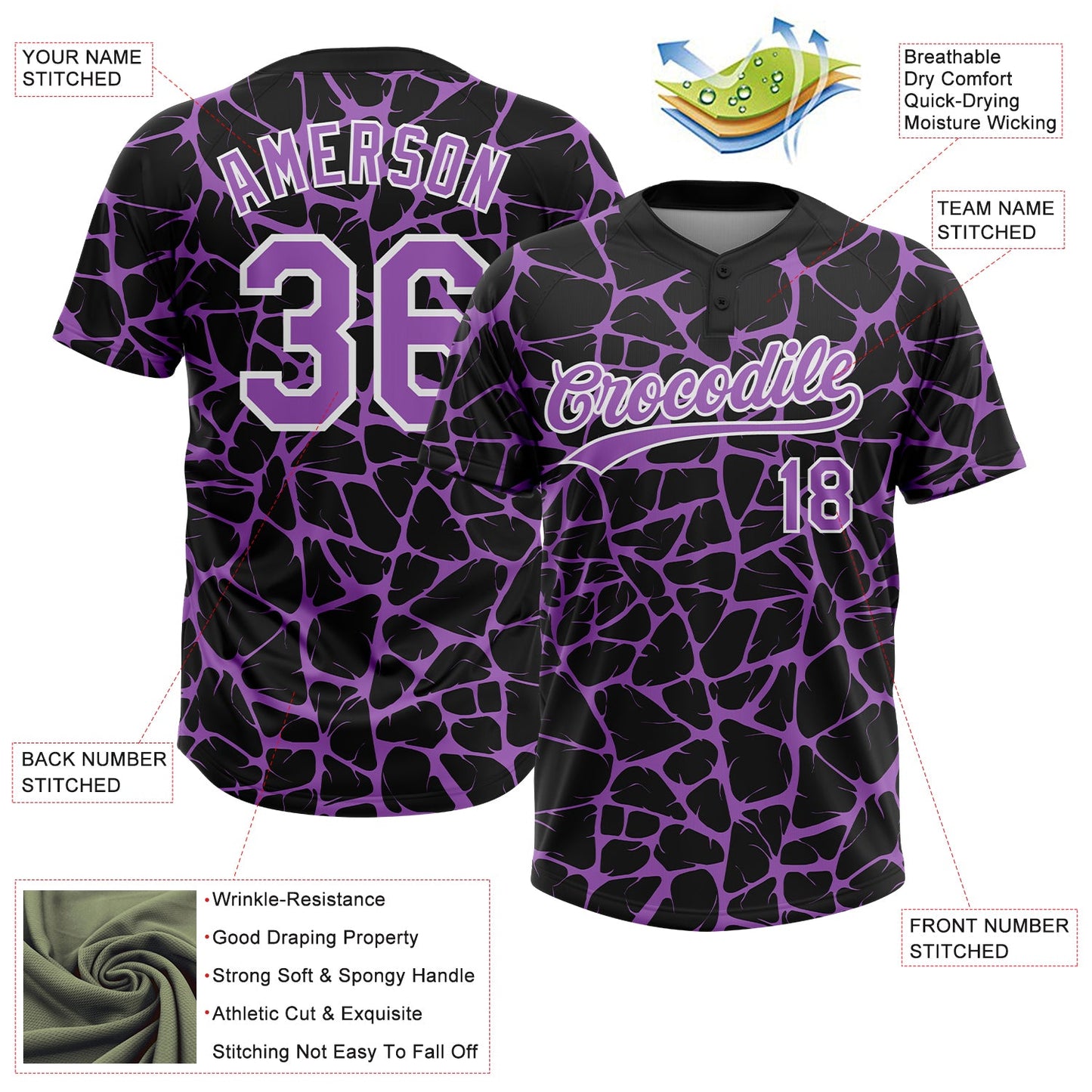 Custom Black Medium Purple-White Abstract Network Crackle Two-Button Unisex Softball Jersey