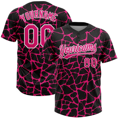 Custom Black Hot Pink-White Abstract Network Crackle Two-Button Unisex Softball Jersey