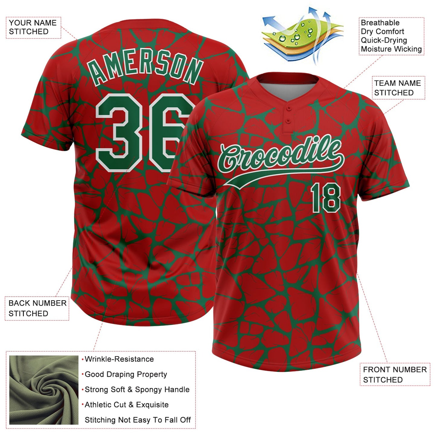 Custom Red Kelly Green-White Abstract Network Crackle Two-Button Unisex Softball Jersey