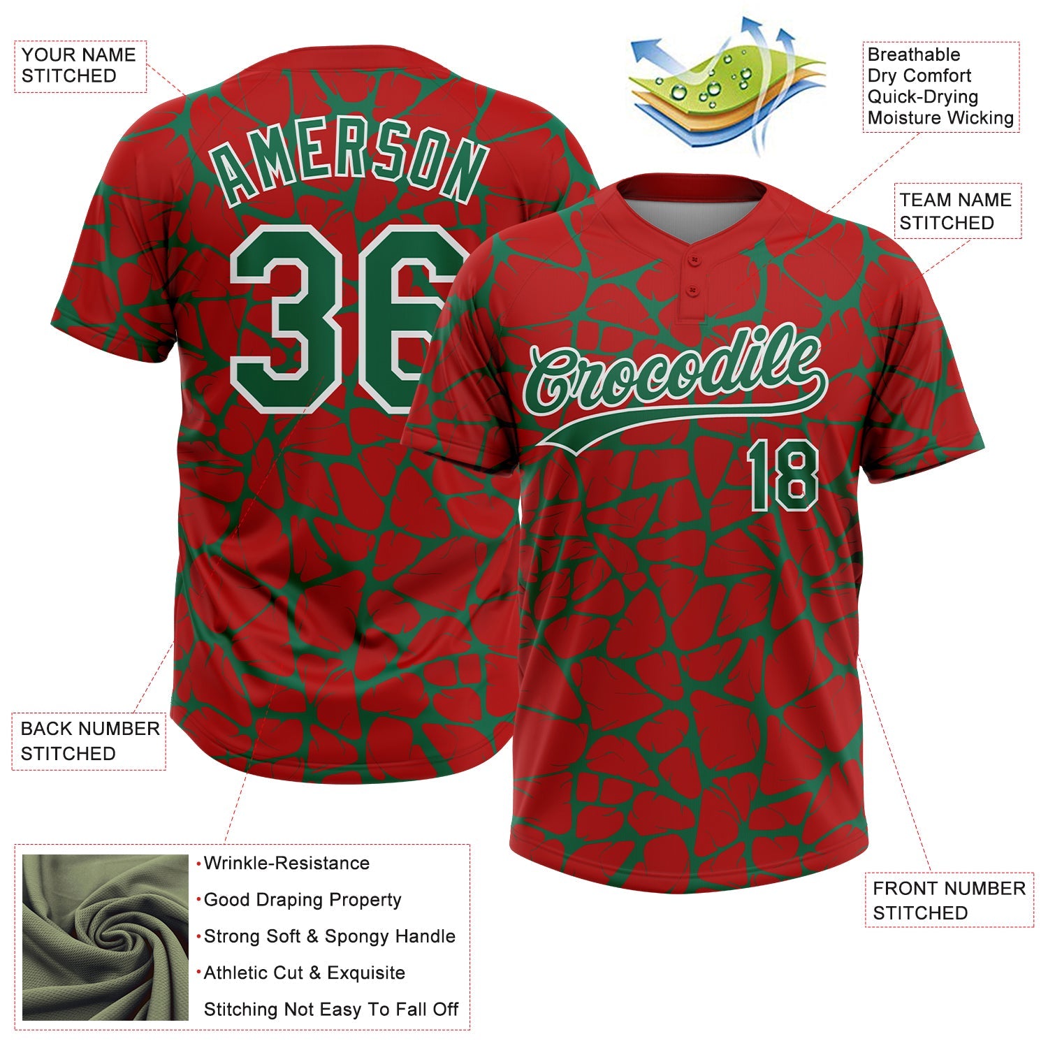 Custom Red Kelly Green-White Abstract Network Crackle Two-Button Unisex Softball Jersey