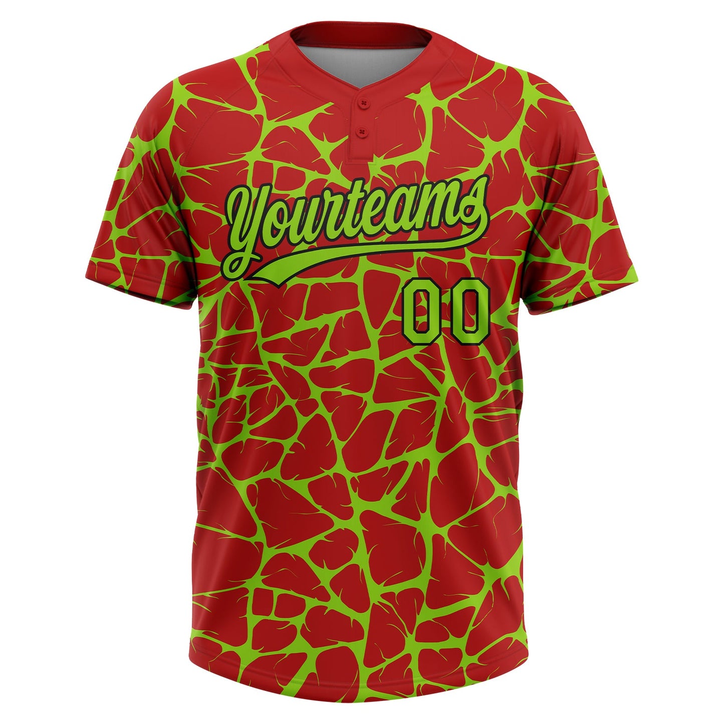 Custom Red Neon Green-Black Abstract Network Crackle Two-Button Unisex Softball Jersey