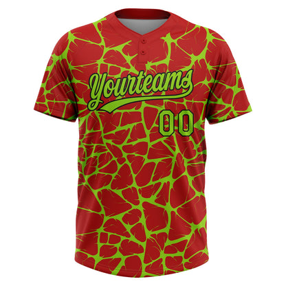 Custom Red Neon Green-Black Abstract Network Crackle Two-Button Unisex Softball Jersey