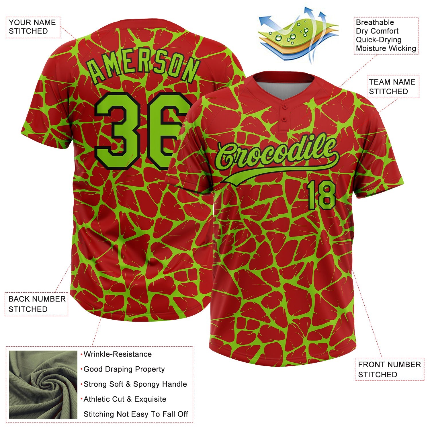 Custom Red Neon Green-Black Abstract Network Crackle Two-Button Unisex Softball Jersey