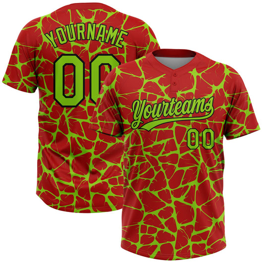 Custom Red Neon Green-Black Abstract Network Crackle Two-Button Unisex Softball Jersey
