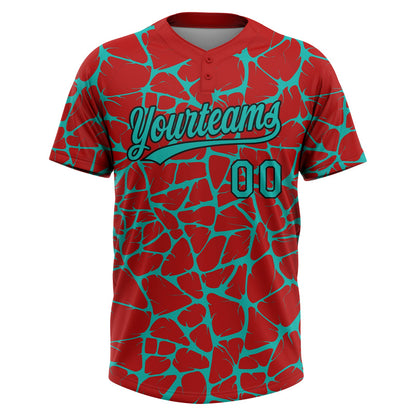 Custom Red Aqua-Black Abstract Network Crackle Two-Button Unisex Softball Jersey