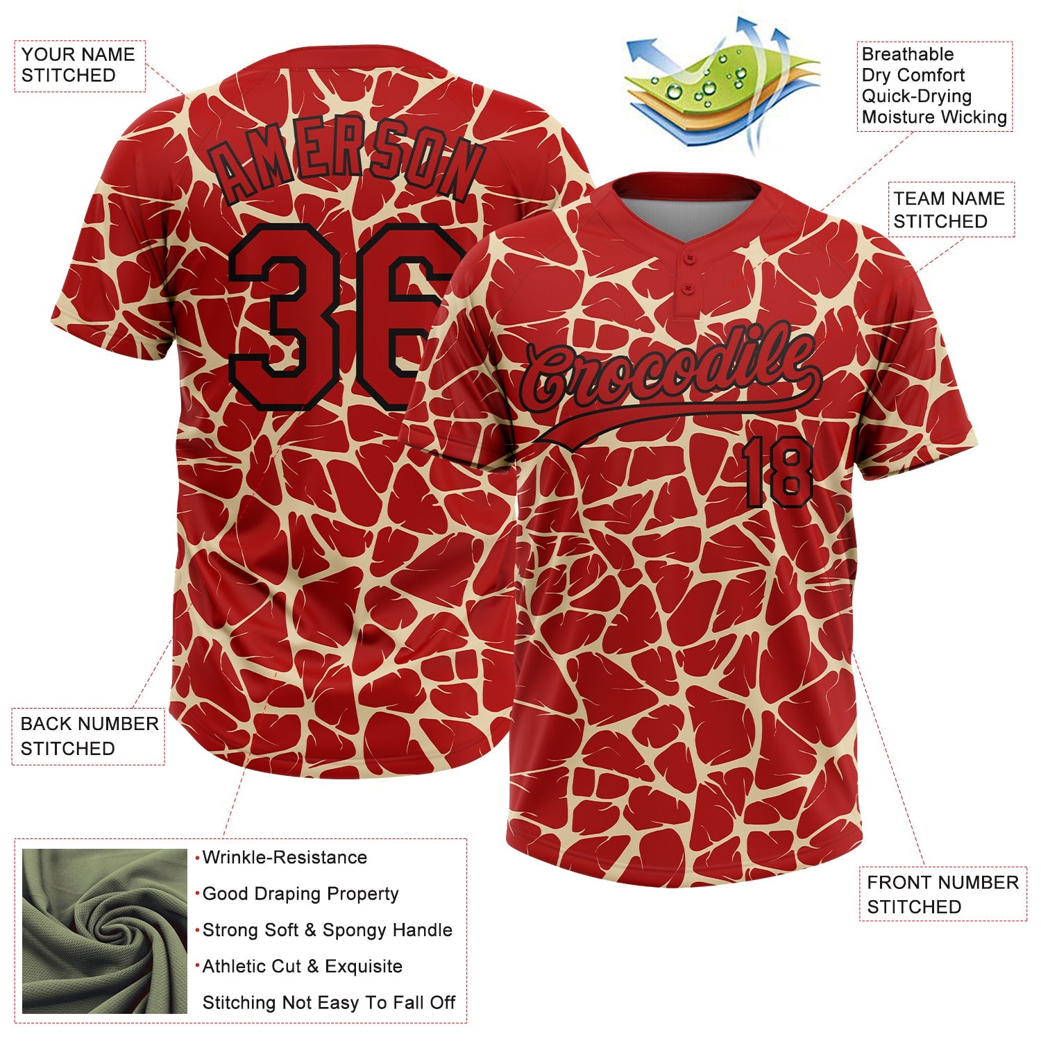 Custom Red Cream-Black Abstract Network Crackle Two-Button Unisex Softball Jersey
