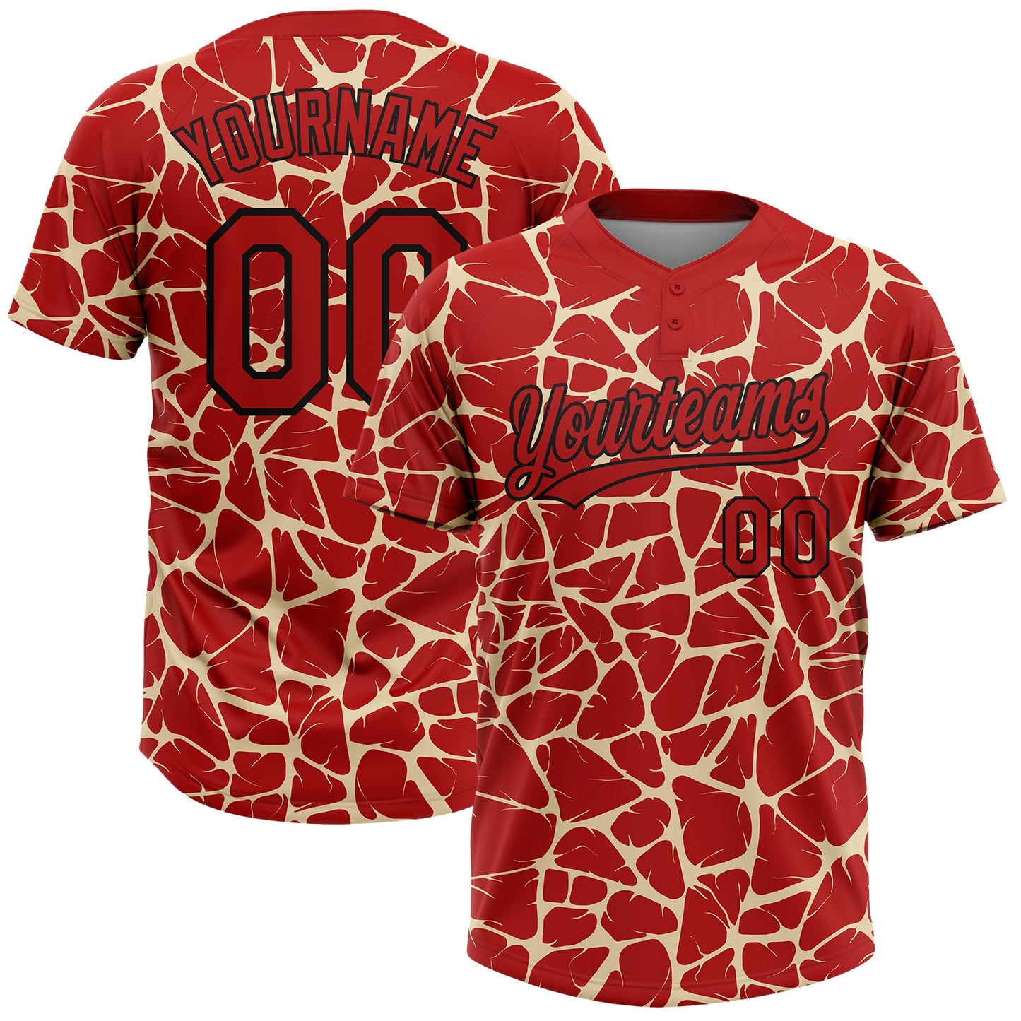 Custom Red Cream-Black Abstract Network Crackle Two-Button Unisex Softball Jersey