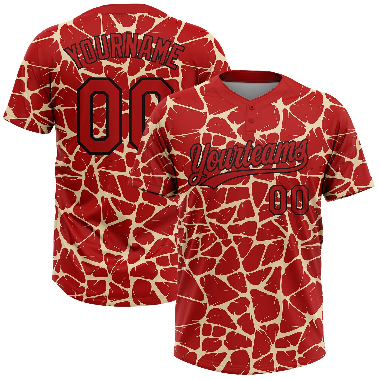 Custom Red Cream-Black Abstract Network Crackle Two-Button Unisex Softball Jersey