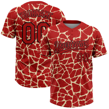 Custom Red Cream-Black Abstract Network Crackle Two-Button Unisex Softball Jersey