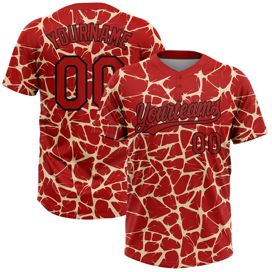 Custom Red Cream-Black Abstract Network Crackle Two-Button Unisex Softball Jersey